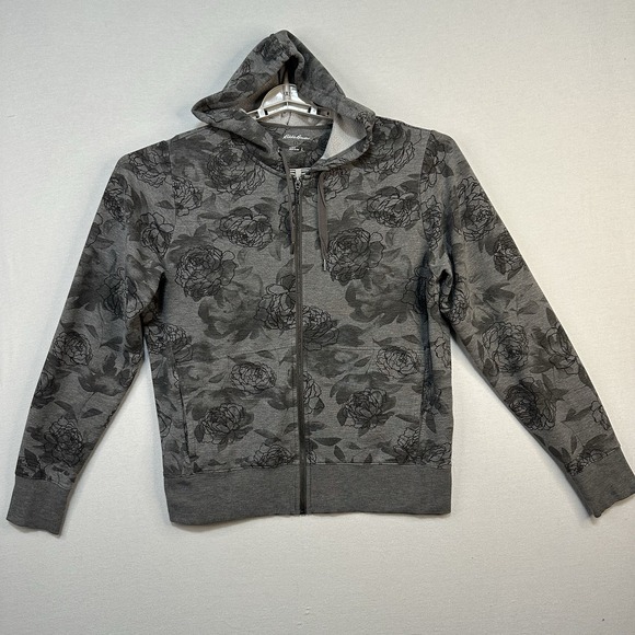 Eddie Bauer Large Hoodie Zip Jacket Sweatshirt Gray Floral Coat Stretch - Picture 1 of 6